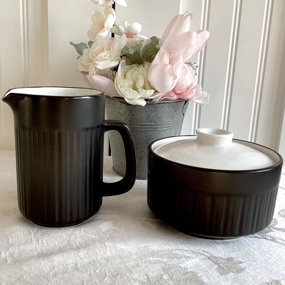 Vintage 1960’s Mikasa Terra Stone Ink Black Creamer Pitcher and Sugar Bowl